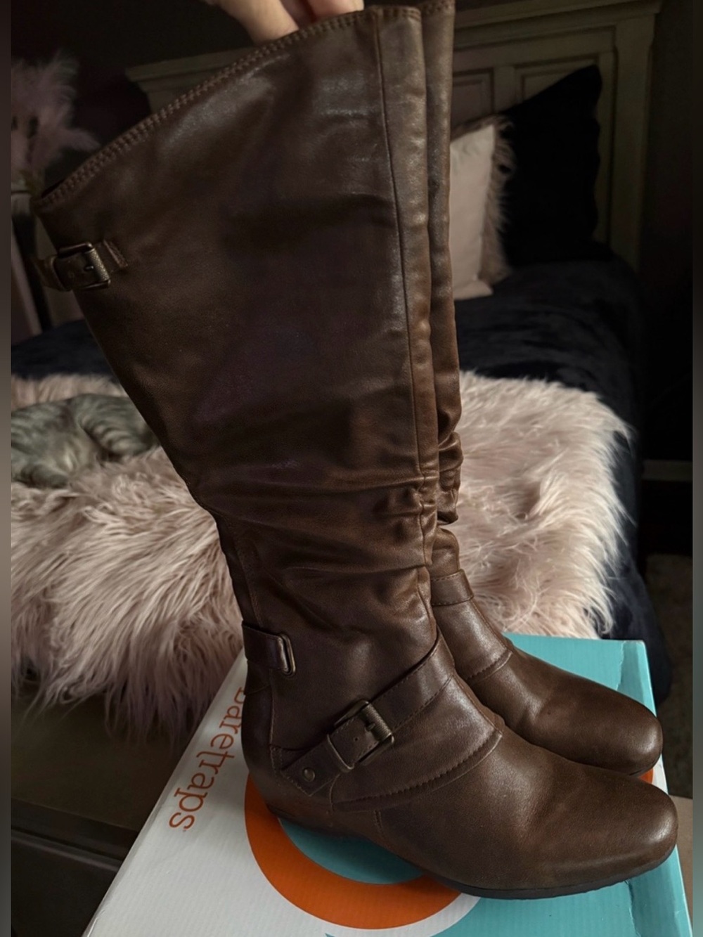 BareTraps Women's Brown Knee-High Buckle Boots